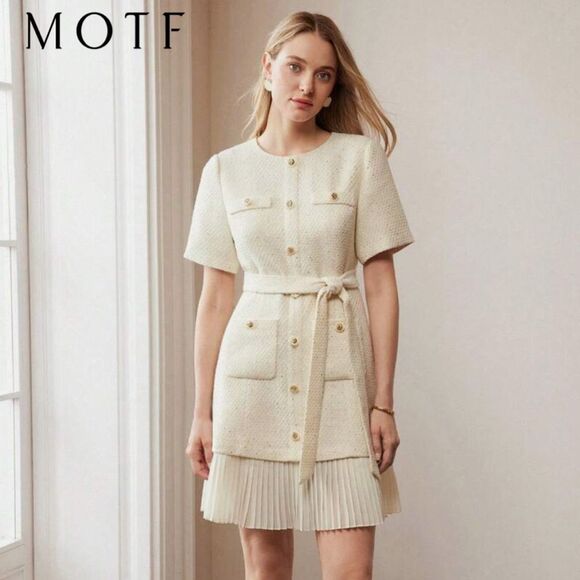 NWT MOTF PREMIUM TWEED GOLD BUTTON PATCH POCKET PLEATED HEM BELTED DRESS - Picture 1 of 10
